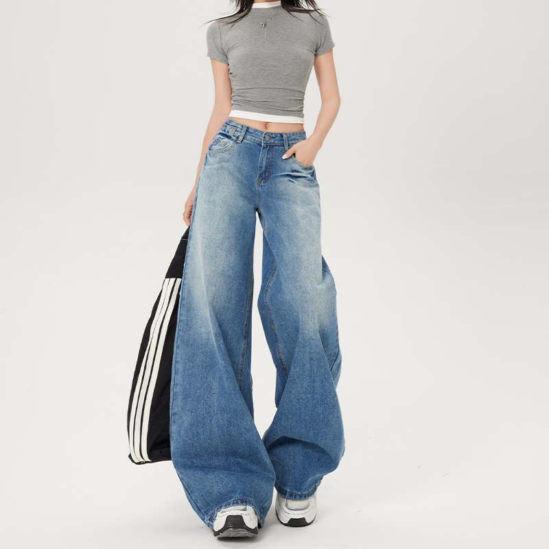 Light-Colored Low-Waist Wide-Leg Jeans for Women, Cracked Design Loose Straight-Leg Pants, 2025 Spring/Summer Fashion Light-Colored Low-Waist Wide-Leg Jeans for Women, Cracked Design Loose Straight-Leg Pants, 2025 Spring/Summer Fashion