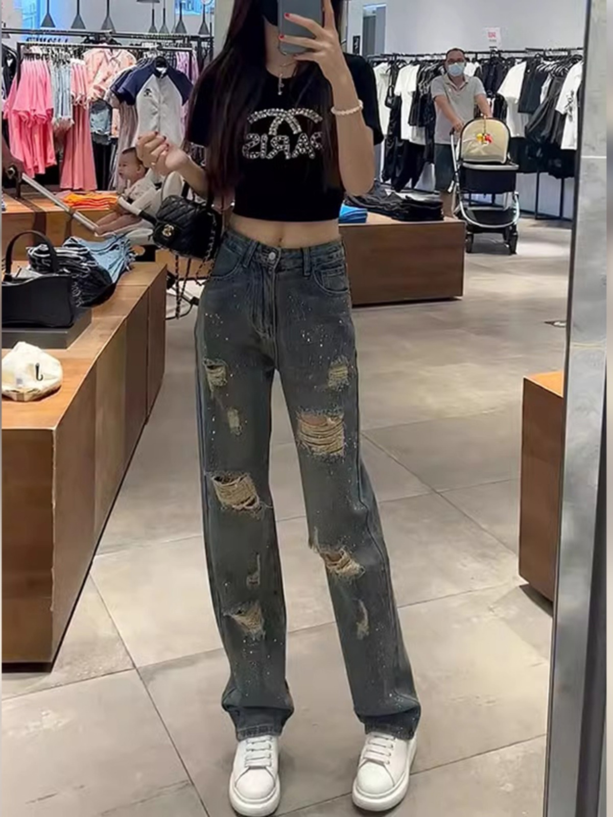 Light-Colored Petite Distressed Vintage Wide-Leg Jeans for Women - Summer High Street Straight-Leg Pants, Y2K Casual Style 2025