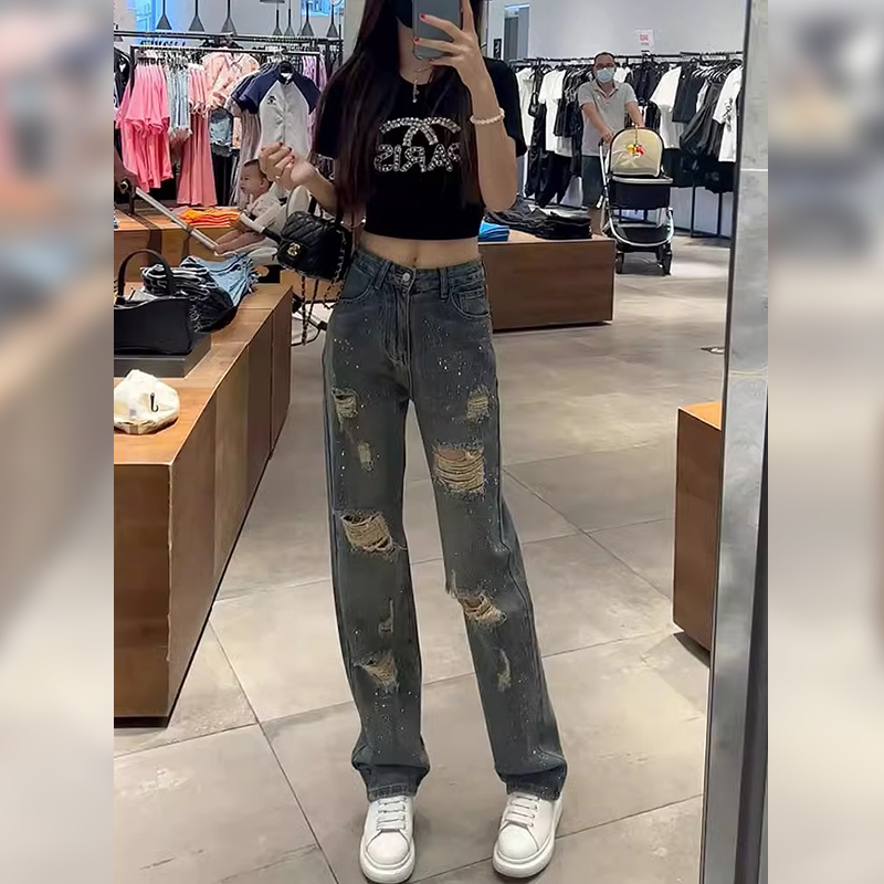 Light-Colored Petite Distressed Vintage Wide-Leg Jeans for Women - Summer High Street Straight-Leg Pants, Y2K Casual Style 2025
