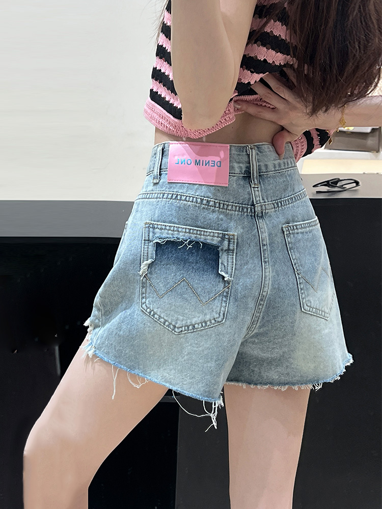 Light-Colored Ripped Denim Shorts for Women, High-Waisted Color-Block A-Line Skirt, Summer 2025 Korean Style Hot Pants