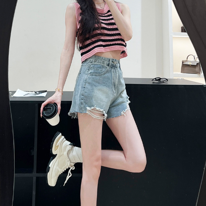Light-Colored Ripped Denim Shorts for Women, High-Waisted Color-Block A-Line Skirt, Summer 2025 Korean Style Hot Pants