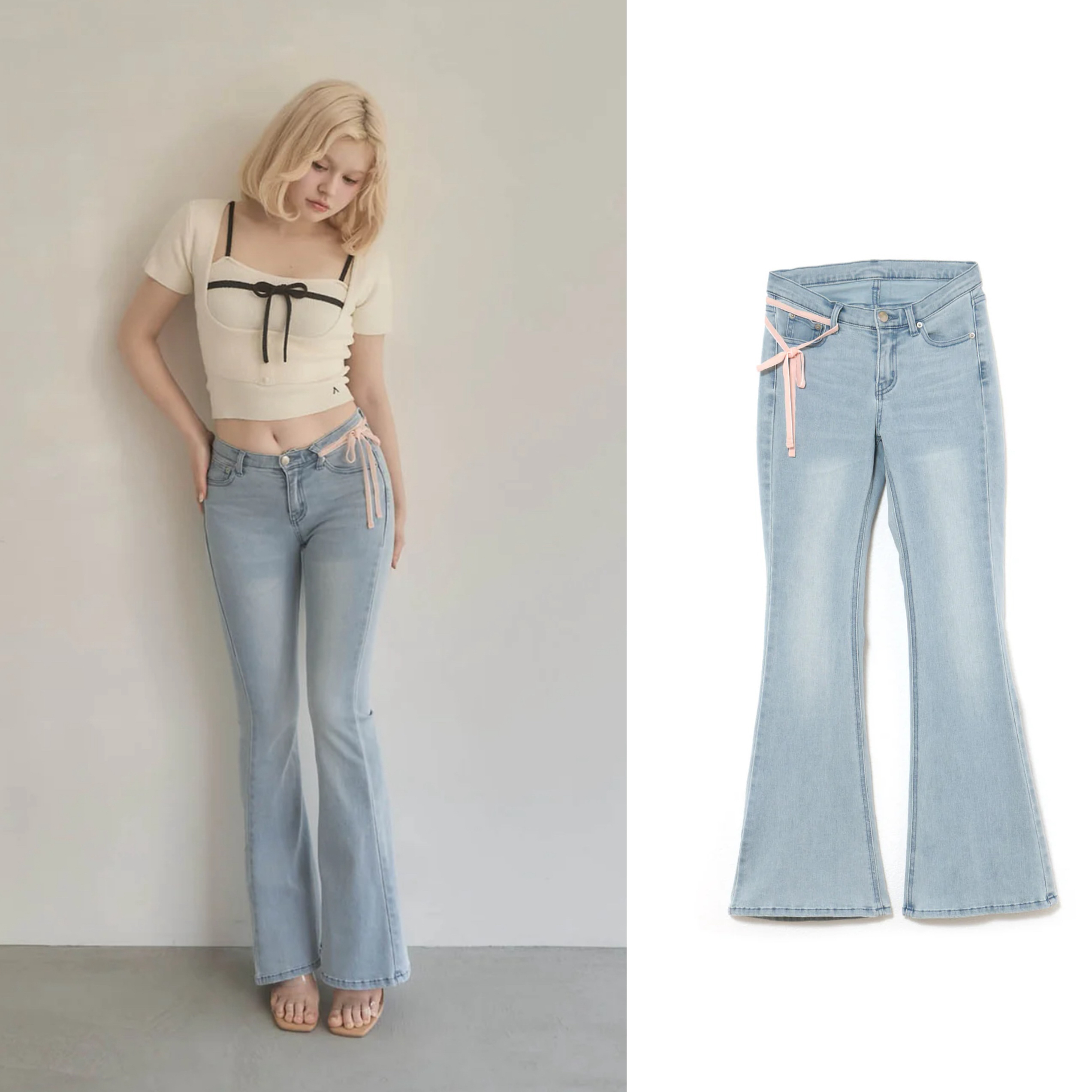 Light-Colored Slim-Fit Flared Jeans with Bowknot Detail - Summer Japanese Style Long Pants for Effortless Y2K Fashion