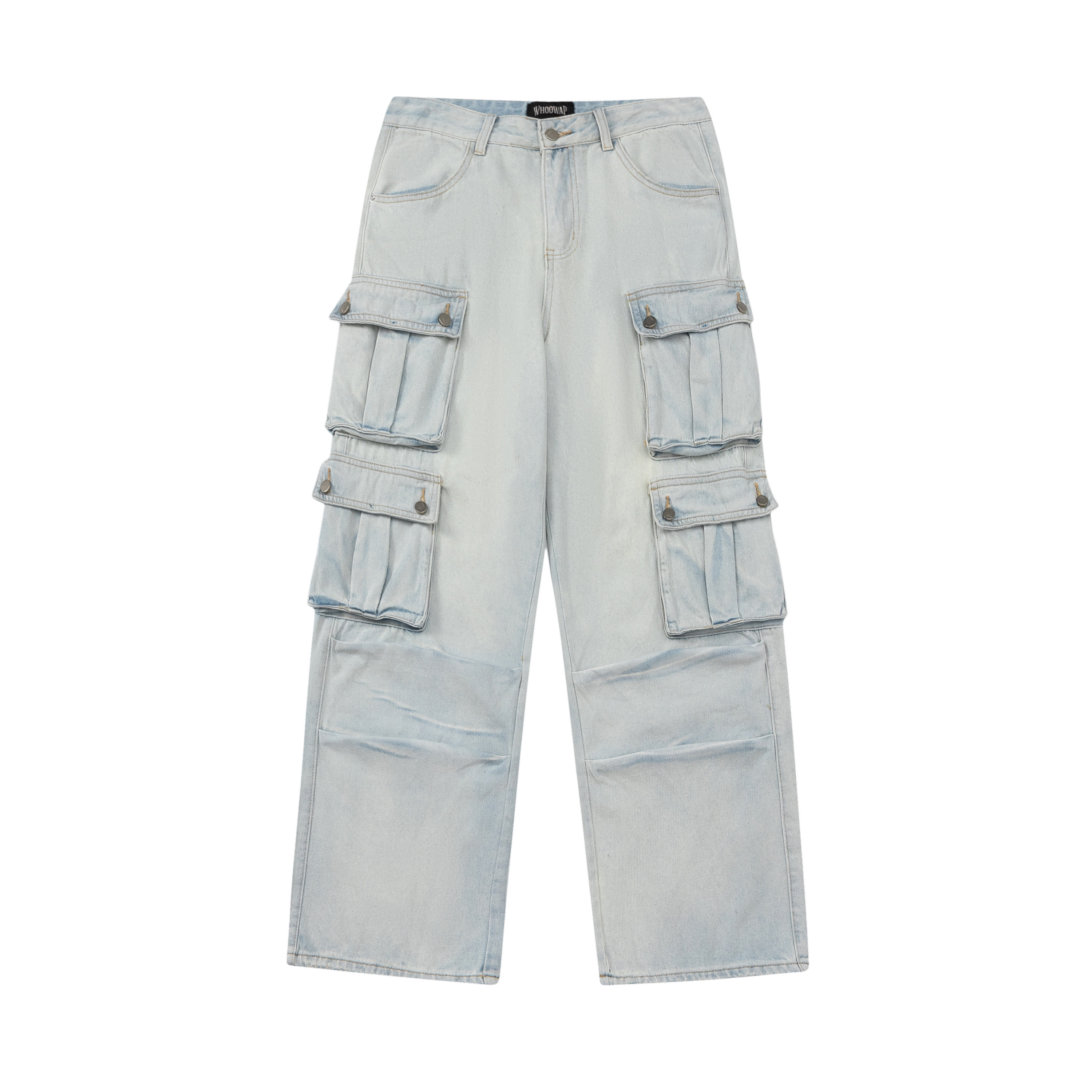 Light-Colored Wide-Leg Denim Workwear Pants with Multi-Pockets for Summer Street Style, Heavy-Duty American Vibe