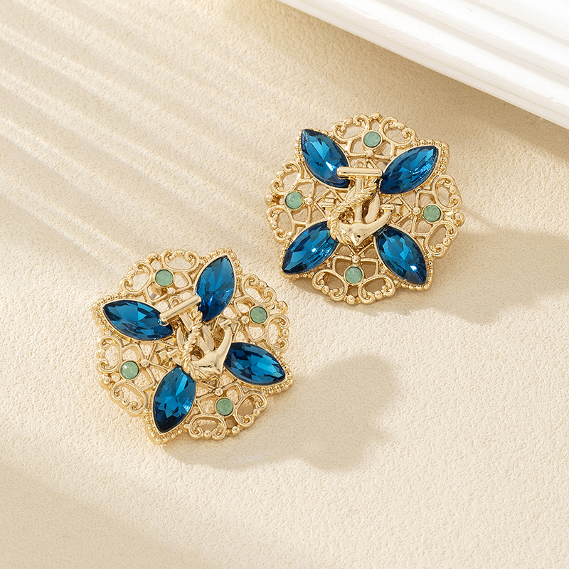 Light Luxury Blue Glass Crystal Stud Earrings - Hollow Anchor Design, High-End Ocean Style, Geometric Floral with Diamond Inlay