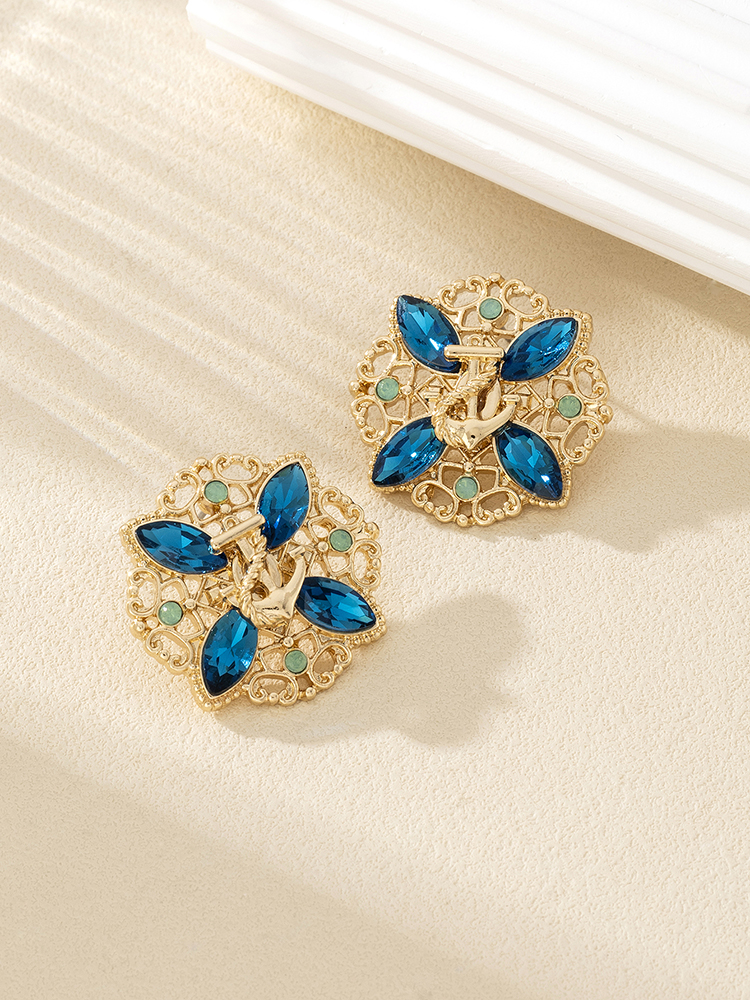 Light Luxury Blue Glass Crystal Stud Earrings - Hollow Anchor Design, High-End Ocean Style, Geometric Floral with Diamond Inlay