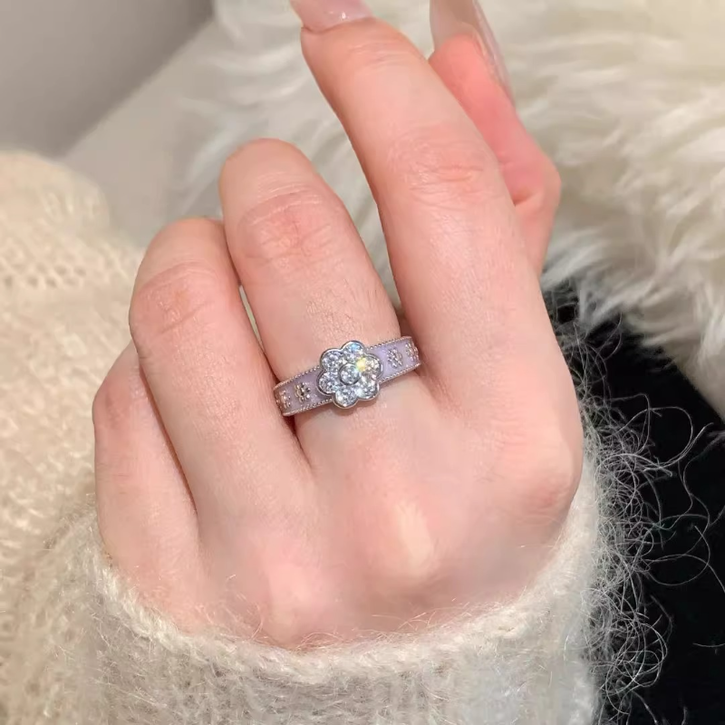 Light Luxury Milky Taro Purple Flower Ring for Women, 2025 New French Style with Diamond Inlay and Lavender Purple Accent Light Luxury Milky Taro Purple Flower Ring for Women, 2025 New French Style with Diamond Inlay and Lavender Purple Accent