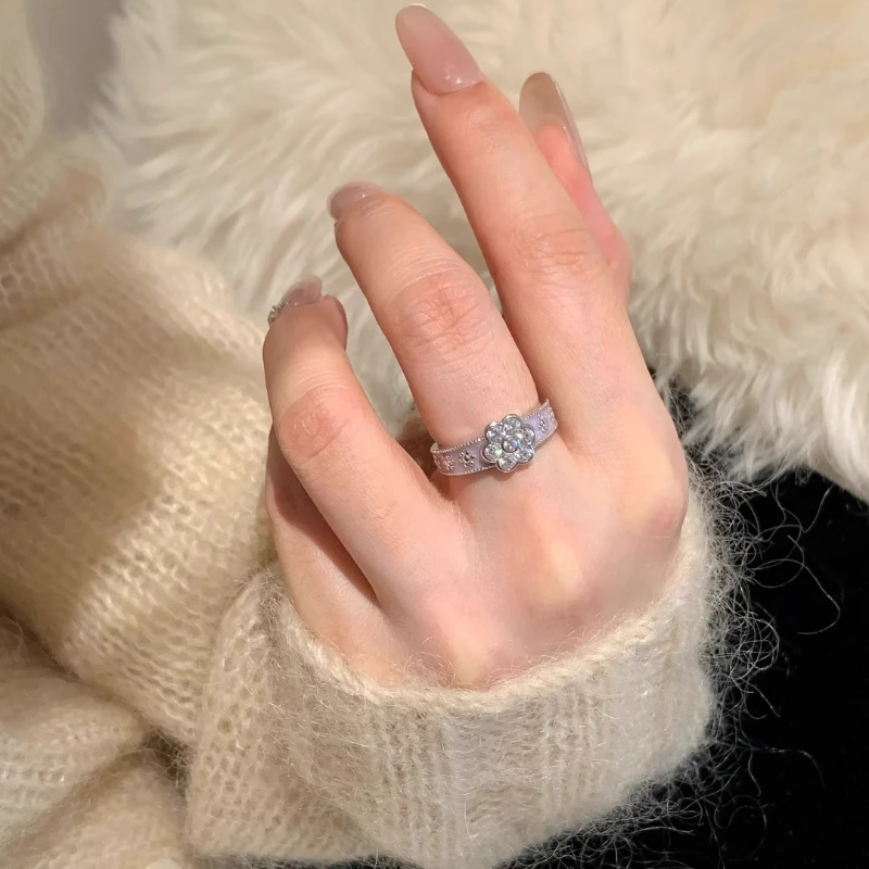 Light Luxury Milky Taro Purple Flower Ring for Women, 2025 New French Style with Diamond Inlay and Lavender Purple Accent Light Luxury Milky Taro Purple Flower Ring for Women, 2025 New French Style with Diamond Inlay and Lavender Purple Accent