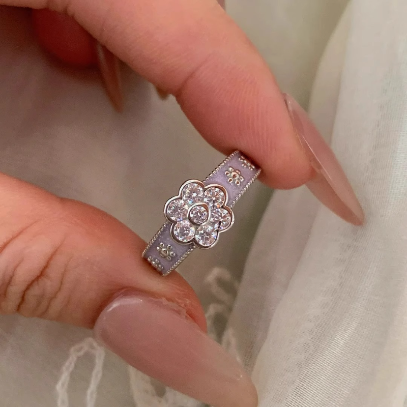 Light Luxury Milky Taro Purple Flower Ring for Women, 2025 New French Style with Diamond Inlay and Lavender Purple Accent Light Luxury Milky Taro Purple Flower Ring for Women, 2025 New French Style with Diamond Inlay and Lavender Purple Accent