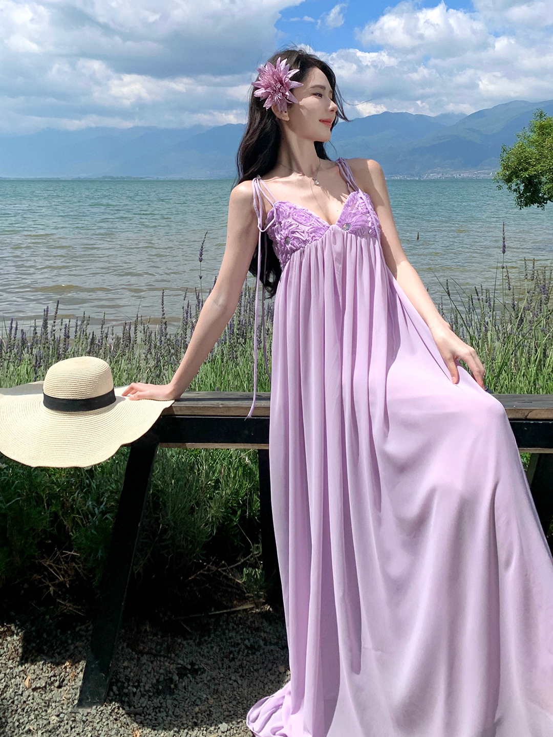 Light Purple Chiffon Spaghetti Strap Patchwork High-Waisted A-Line Long Dress for Beach Vacation, Boho-Chic Summer Style Light Purple Chiffon Spaghetti Strap Patchwork High-Waisted A-Line Long Dress for Beach Vacation, Boho-Chic Summer Style