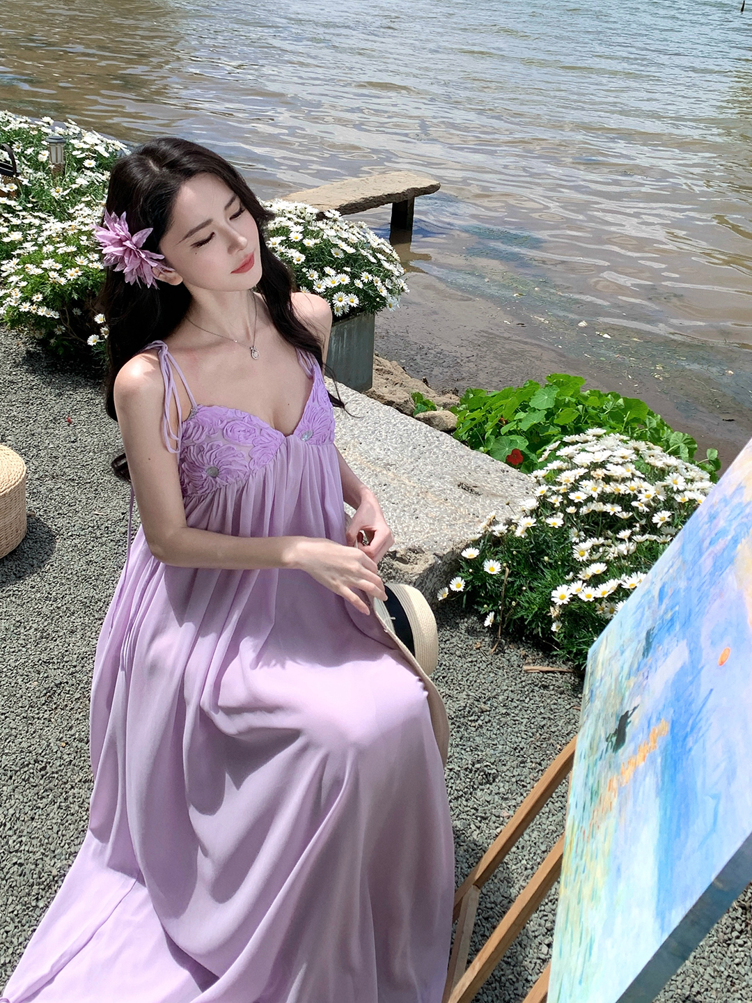 Light Purple Chiffon Spaghetti Strap Patchwork High-Waisted A-Line Long Dress for Beach Vacation, Boho-Chic Summer Style Light Purple Chiffon Spaghetti Strap Patchwork High-Waisted A-Line Long Dress for Beach Vacation, Boho-Chic Summer Style