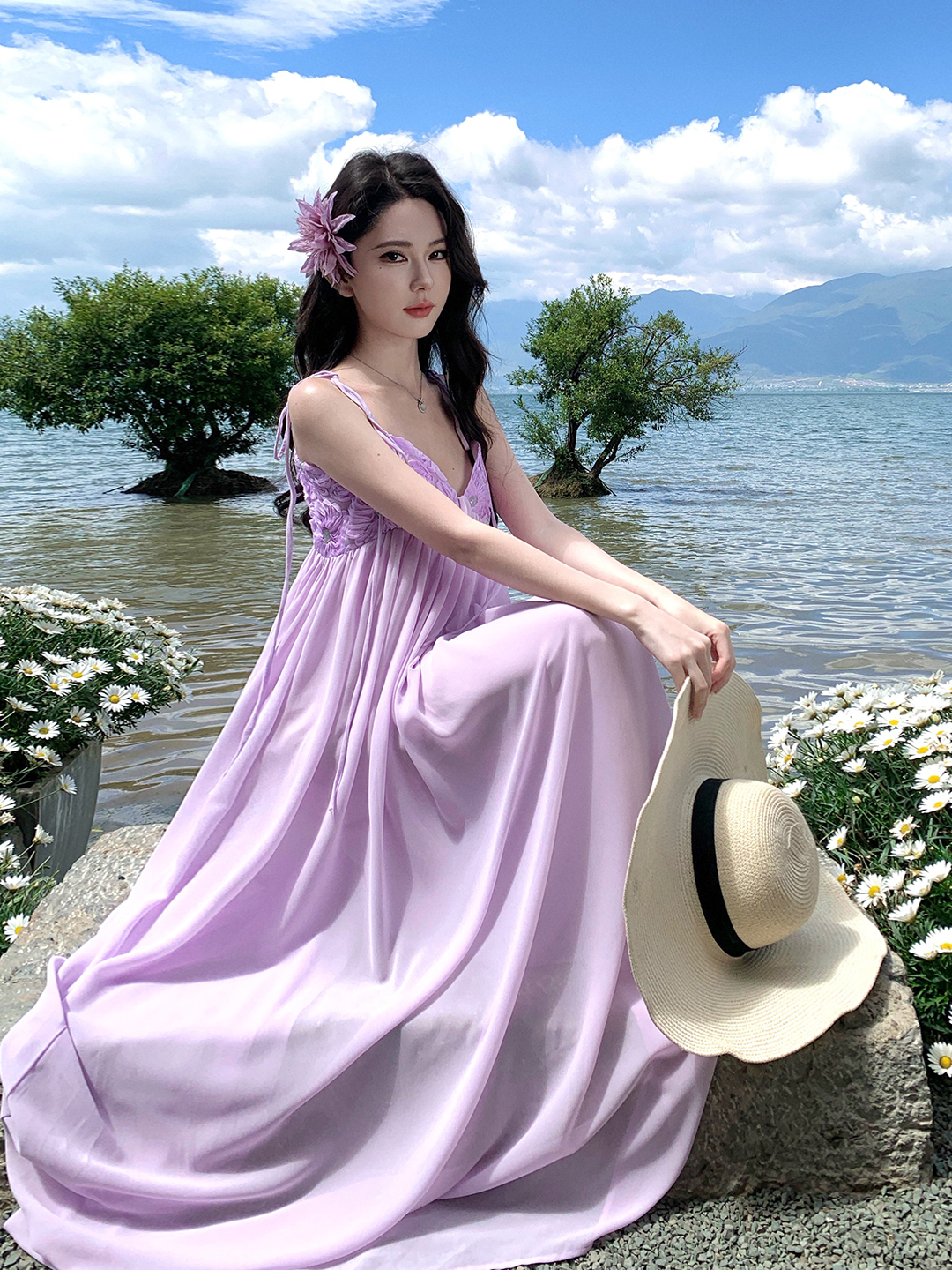 Light Purple Chiffon Spaghetti Strap Patchwork High-Waisted A-Line Long Dress for Beach Vacation, Boho-Chic Summer Style Light Purple Chiffon Spaghetti Strap Patchwork High-Waisted A-Line Long Dress for Beach Vacation, Boho-Chic Summer Style