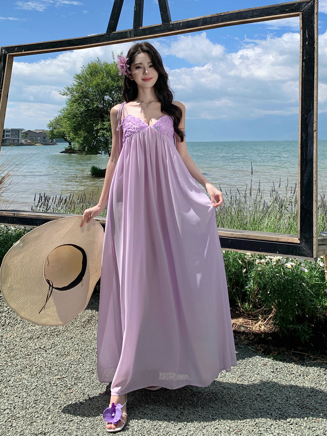 Light Purple Chiffon Spaghetti Strap Patchwork High-Waisted A-Line Long Dress for Beach Vacation, Boho-Chic Summer Style Light Purple Chiffon Spaghetti Strap Patchwork High-Waisted A-Line Long Dress for Beach Vacation, Boho-Chic Summer Style