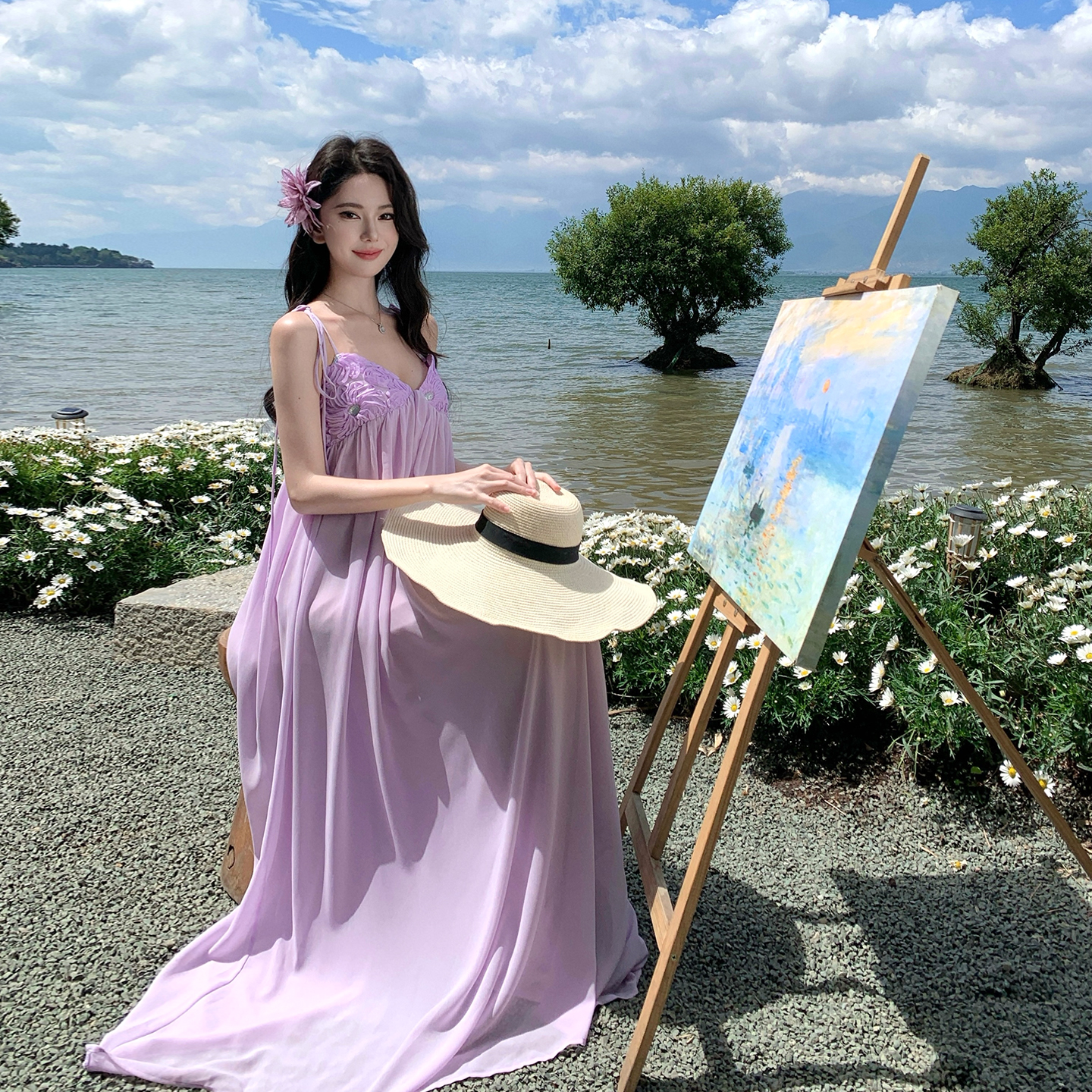 Light Purple Chiffon Spaghetti Strap Patchwork High-Waisted A-Line Long Dress for Beach Vacation, Boho-Chic Summer Style