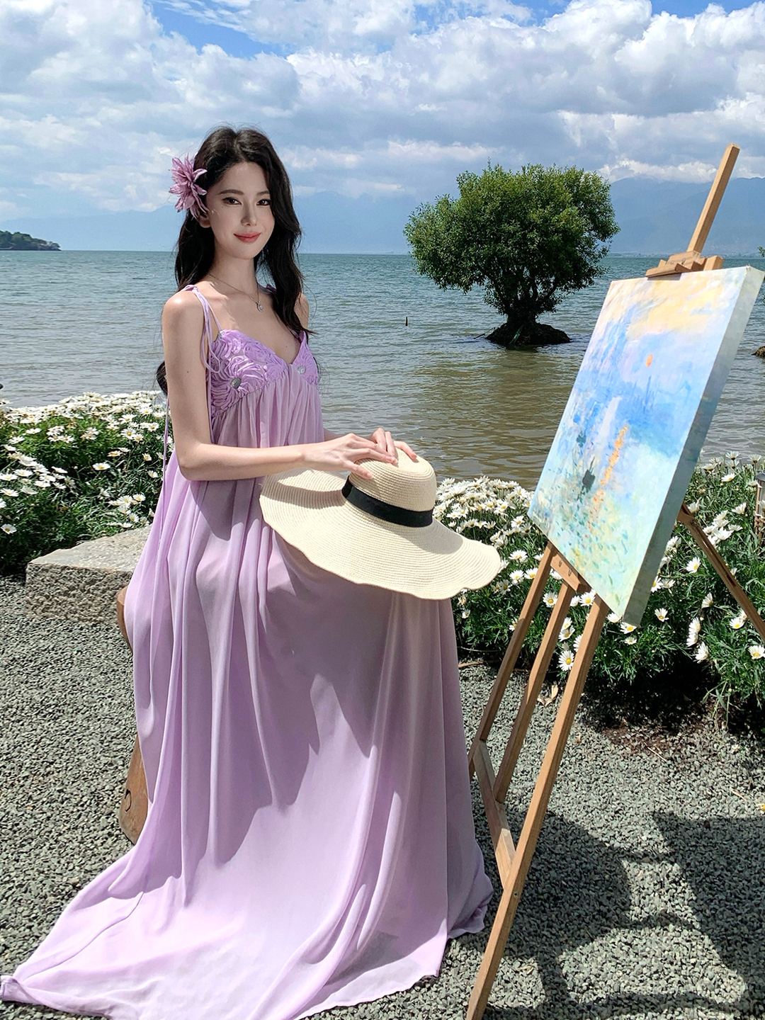 Light Purple Chiffon Spaghetti Strap Patchwork High-Waisted A-Line Long Dress for Beach Vacation, Boho-Chic Summer Style Light Purple Chiffon Spaghetti Strap Patchwork High-Waisted A-Line Long Dress for Beach Vacation, Boho-Chic Summer Style