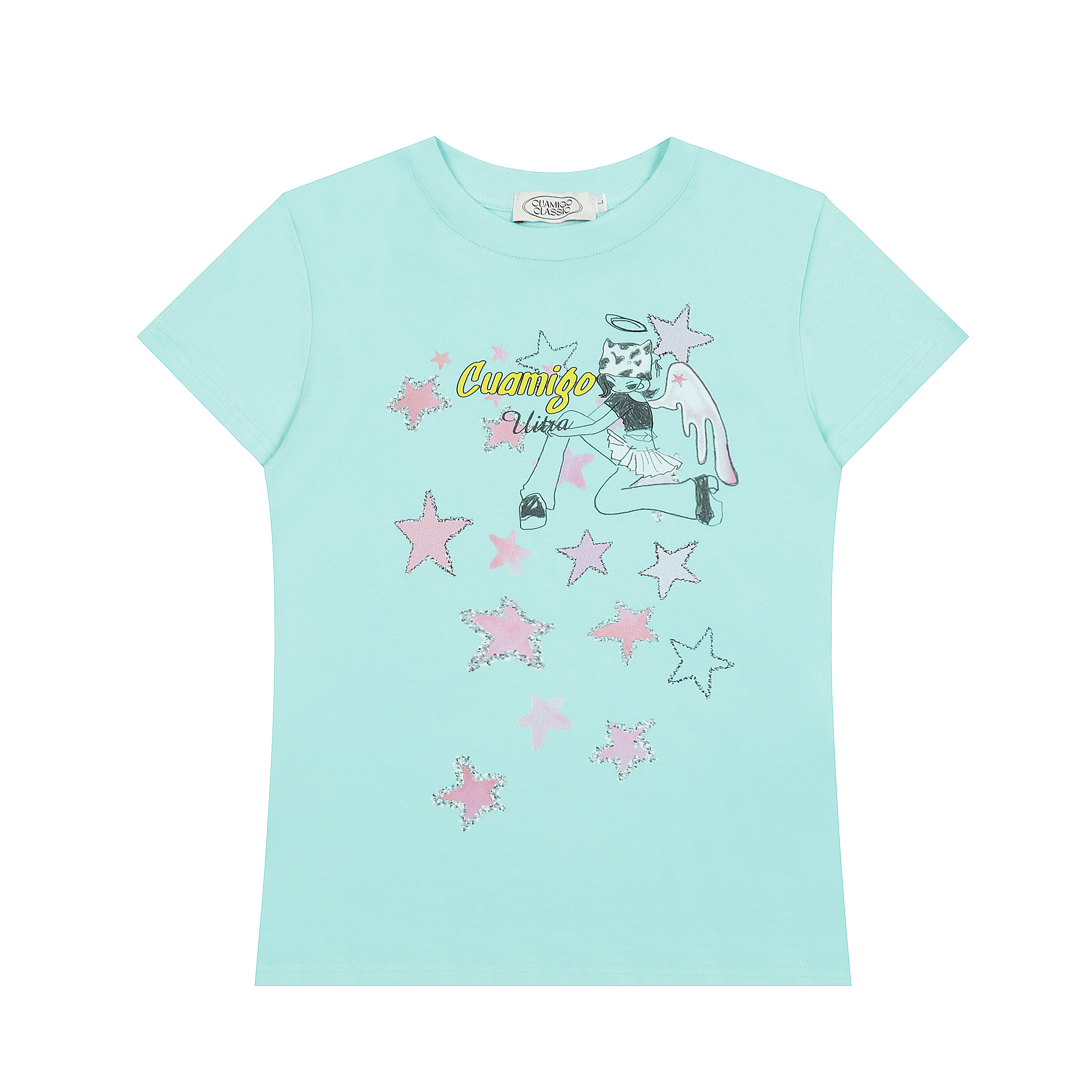 Light Y2K Star Cartoon Girl Printed Short Sleeve Slim Fit T-Shirt for Women - Retro American Style Summer Top