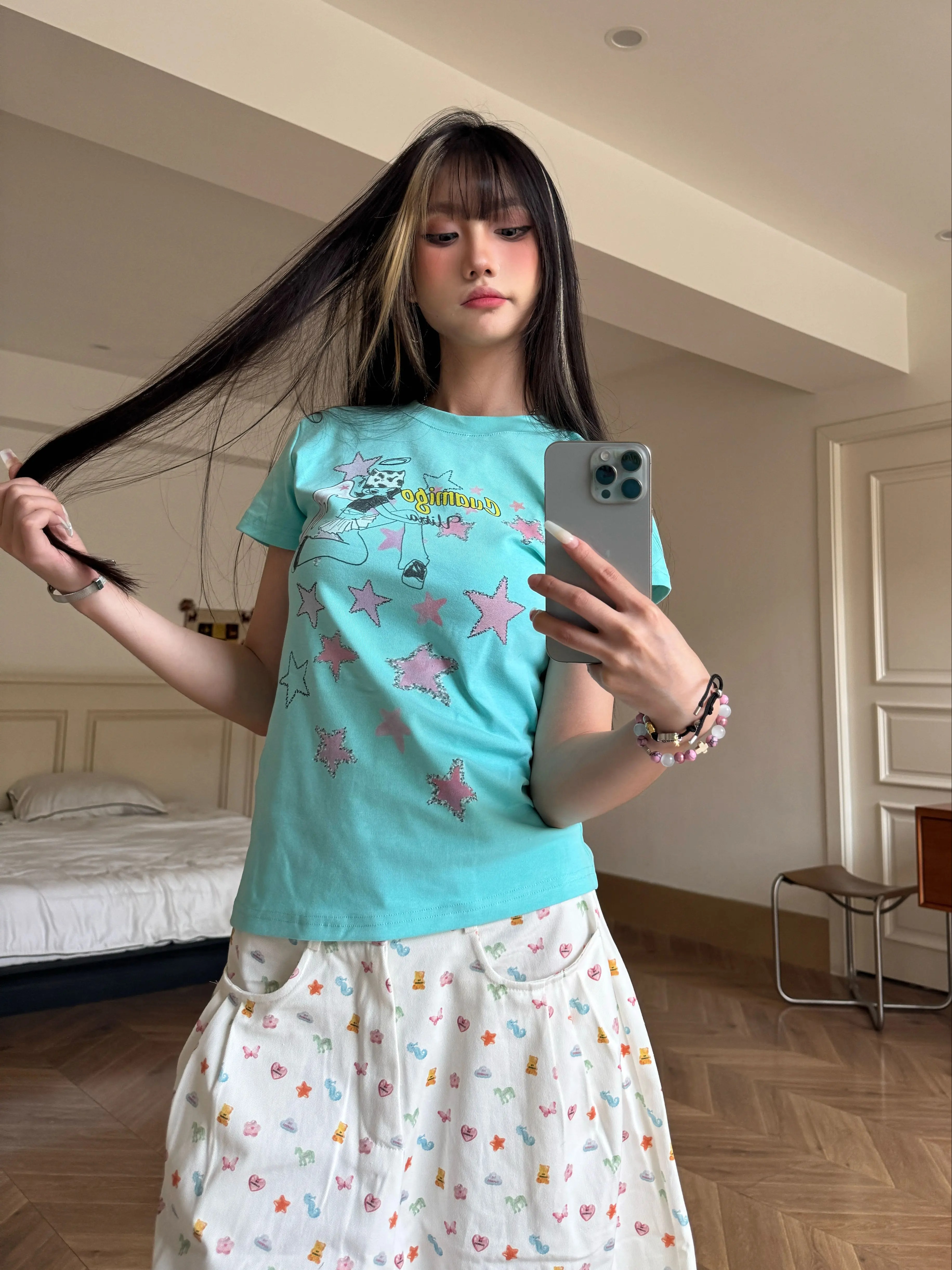 Light Y2K Star Cartoon Girl Printed Short Sleeve Slim Fit T-Shirt for Women - Retro American Style Summer Top