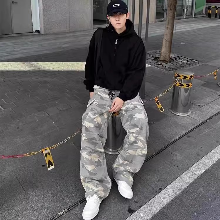 Light Yellow Camouflage Work Pants for Men - Casual Straight-Leg Wide-Leg Style for Spring and Autumn American Streetwear