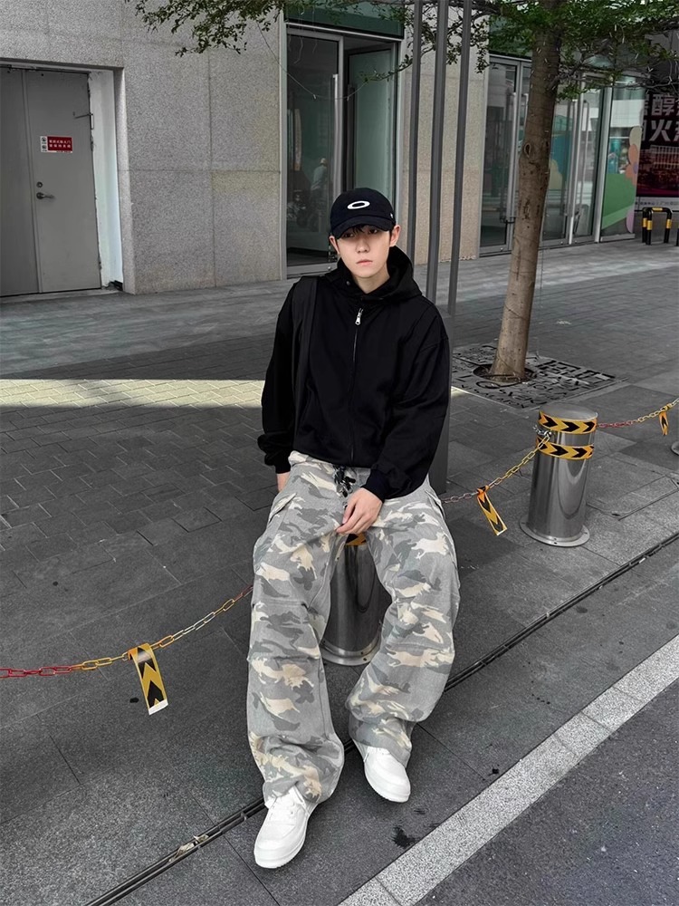 Light Yellow Camouflage Work Pants for Men - Casual Straight-Leg Wide-Leg Style for Spring and Autumn American Streetwear