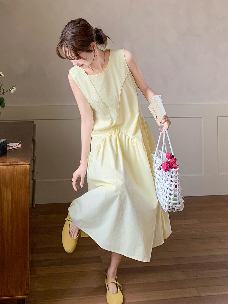 Light Yellow Sleeveless Round Neck Dress for Women - 2025 Summer Korean Style Casual Loose A-Line Skirt Trend
