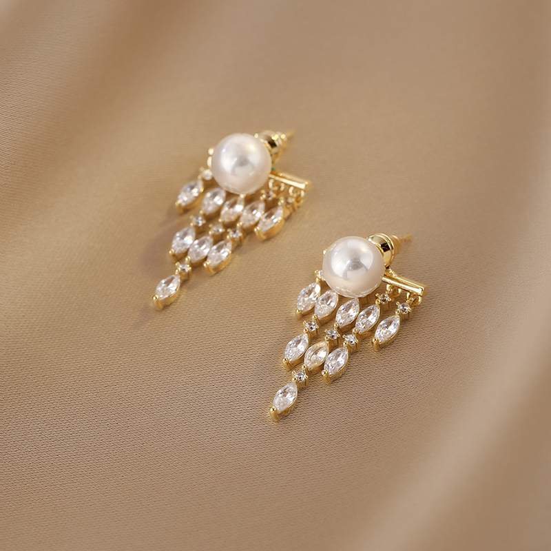 Lightweight Elegant Zircon Tassel Pearl Earrings for Women, Luxury High-End Studs with S925 Silver Pins - 2025 Fashion Essential