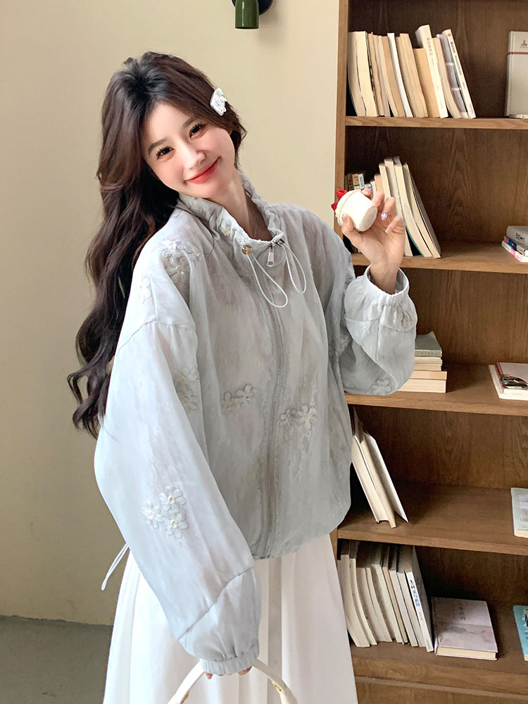 Lightweight Embroidered Sun Protection Jacket for Women, Casual Loose Top with Stand-Up Collar, 2025 Summer Lazy Style