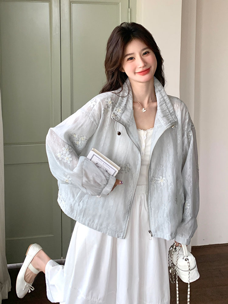 Lightweight Embroidered Sun Protection Jacket for Women, Casual Loose Top with Stand-Up Collar, 2025 Summer Lazy Style