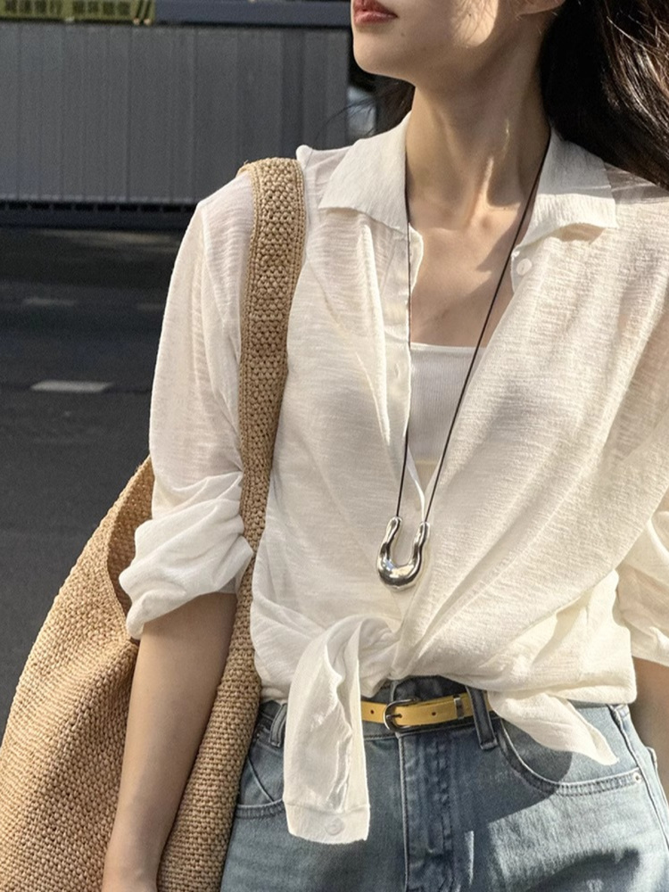 Lightweight Sheer Long Sleeve Lapel Sun Protection Cardigan for Women - Casual Loose Fit Shirt Jacket for Summer 2025 Lightweight Sheer Long Sleeve Lapel Sun Protection Cardigan for Women - Casual Loose Fit Shirt Jacket for Summer 2025