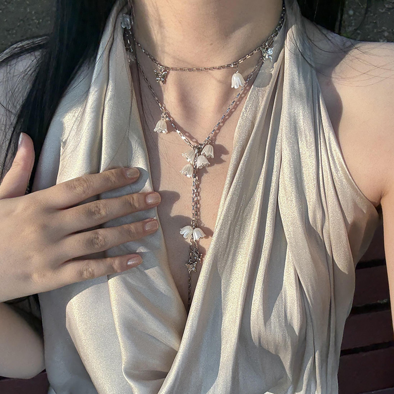 Lily of the Valley Flower Necklace for Women, Long Tassel Pendant, Layered Clavicle Chain, Elegant Floral Sweater Accessory
