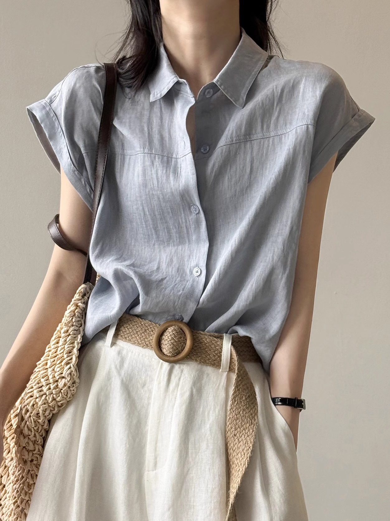 Linen Flutter Sleeve Shirt for Women - Loose & Slimming Short Sleeve Top, 2025 Summer Style, Chic High-End Fashion