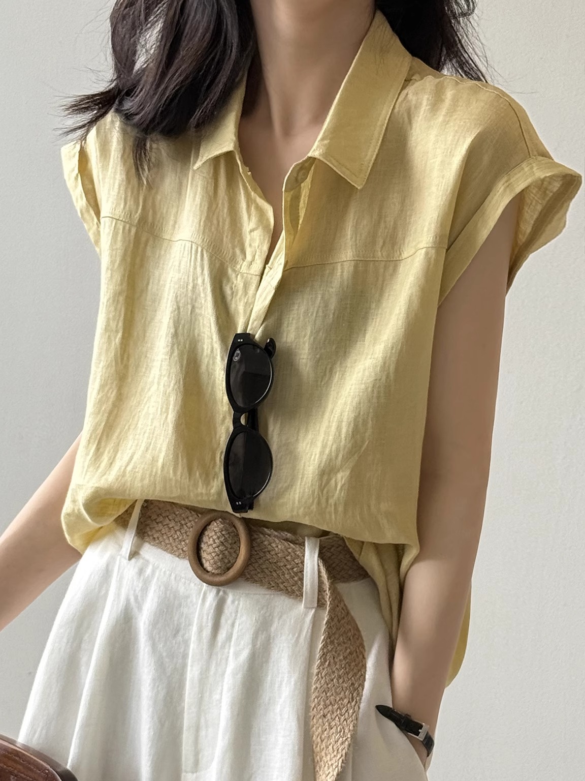 Linen Flutter Sleeve Shirt for Women - Loose & Slimming Short Sleeve Top, 2025 Summer Style, Chic High-End Fashion Linen Flutter Sleeve Shirt for Women - Loose & Slimming Short Sleeve Top, 2025 Summer Style, Chic High-End Fashion