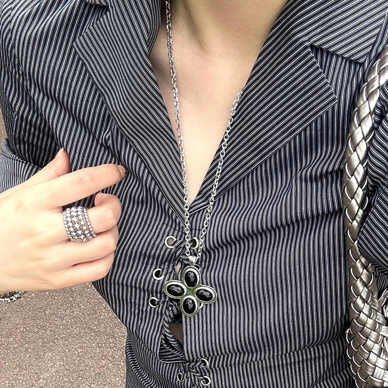 Long Petal Cross Necklace for Women with Agate Pendant - Simple & Elegant Instagram-Style Sweater Chain