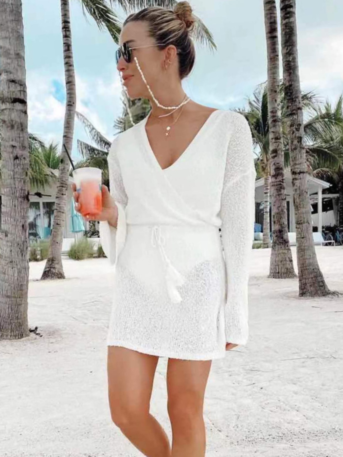 Long Sleeve Knitted Beach Cover-Up Dress with Bell Sleeves | Vacation Swimsuit Pullover for Sun Protection | Waist-Cinching Style