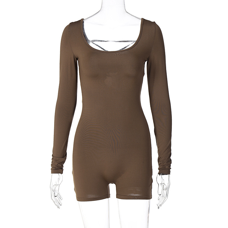 Long Sleeve U-Neck Tie Hollow Back Tight-Fitting Sports Yoga Jumpsuit for Women - Spring Summer Style, European American Fashion