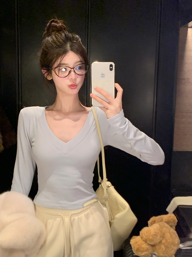 Long Sleeve V-Neck Fleece T-Shirt for Girls - Slim Fit, Flattering & Versatile Base Layer Top, Perfect for Layering & Everyday Wear