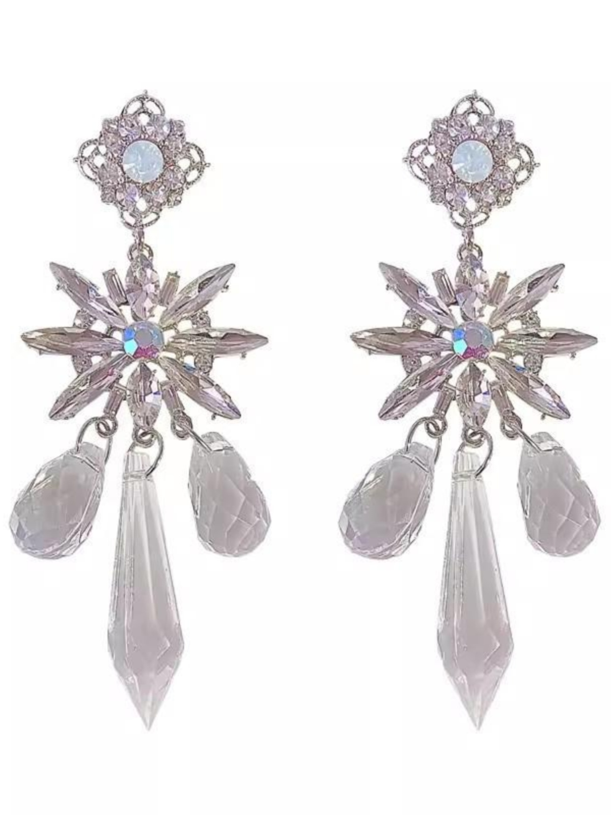 Long Tassel Silver Crystal Flower Dangle Earrings - Water Drop Design, Light Luxury High-End Studs for Women, Elegant Fashion Statement Long Tassel Silver Crystal Flower Dangle Earrings - Water Drop Design, Light Luxury High-End Studs for Women, Elegant Fashion Statement