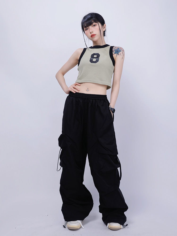 Loose Black Cargo Pants for Women with Large Pockets, Elastic Waist, Drawstring, Flowing Straps, Straight Leg - Y2K Dance Long Pants