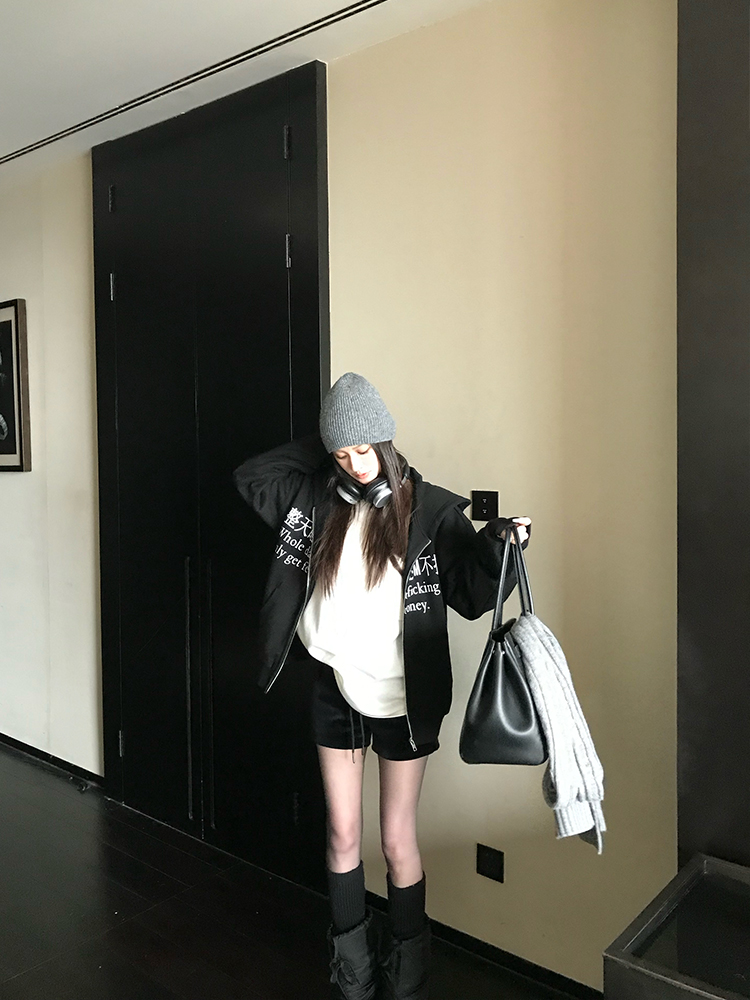 Loose Casual Zip-Up Hoodie with All Day Busy Without Making Money Print - Cozy Winter Jacket for Effortless Style