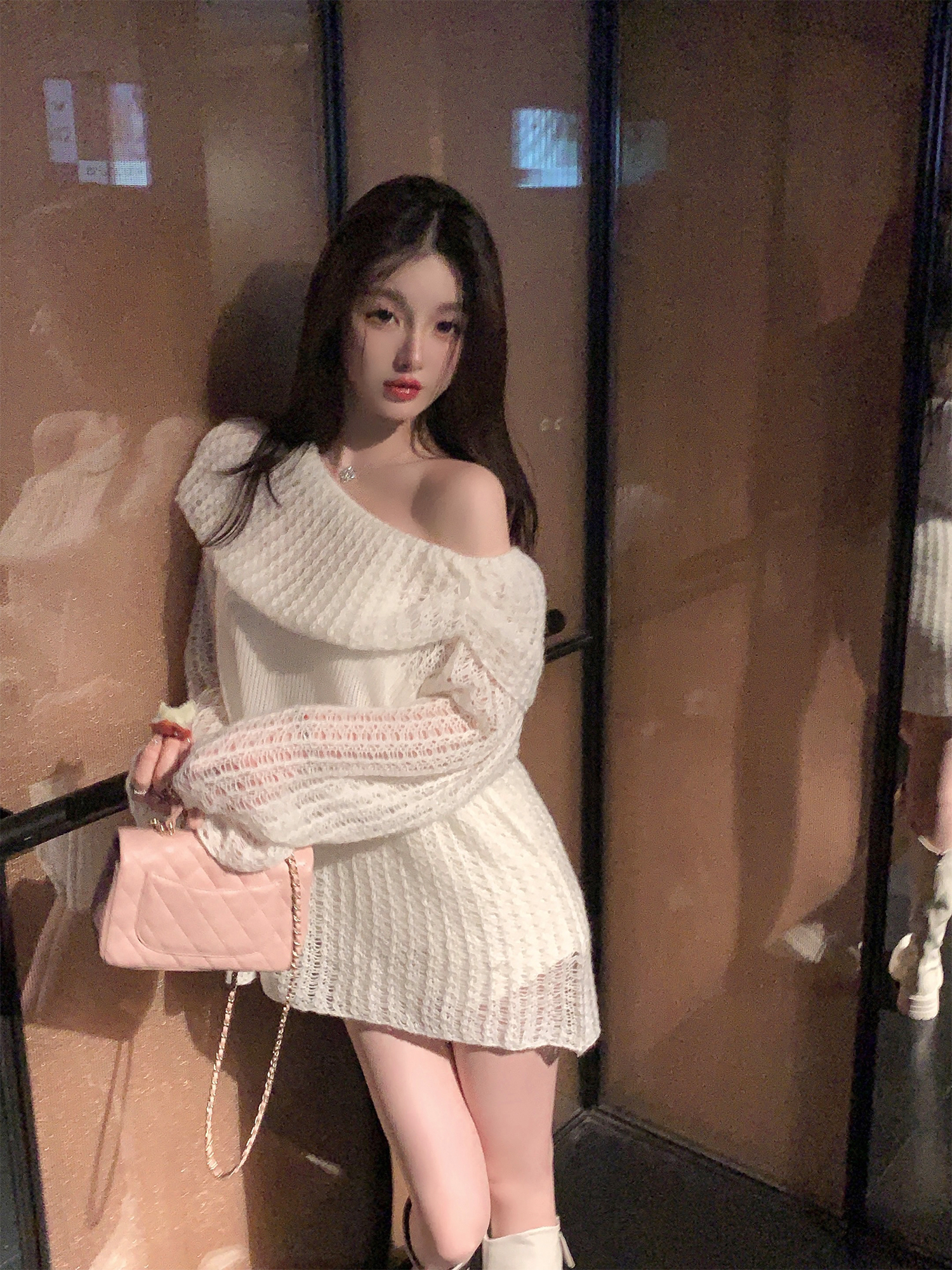 Loose Elegant Hollow Shoulder White Sweater for Women - Soft Knitted Cardigan in Trendy Lazy Style