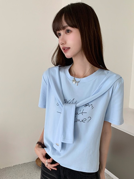 Loose Fit College Style Two-Piece Short Sleeve T-Shirt for Women - Flattering Shawl Half-Sleeve Top, Casual Chic Fashion Loose Fit College Style Two-Piece Short Sleeve T-Shirt for Women - Flattering Shawl Half-Sleeve Top, Casual Chic Fashion