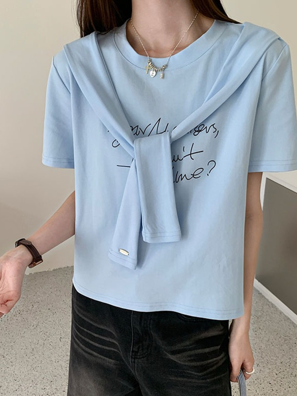 Loose Fit College Style Two-Piece Short Sleeve T-Shirt for Women - Flattering Shawl Half-Sleeve Top, Casual Chic Fashion Loose Fit College Style Two-Piece Short Sleeve T-Shirt for Women - Flattering Shawl Half-Sleeve Top, Casual Chic Fashion