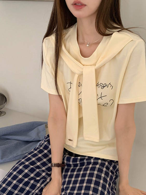 Loose Fit College Style Two-Piece Short Sleeve T-Shirt for Women - Flattering Shawl Half-Sleeve Top, Casual Chic Fashion Loose Fit College Style Two-Piece Short Sleeve T-Shirt for Women - Flattering Shawl Half-Sleeve Top, Casual Chic Fashion