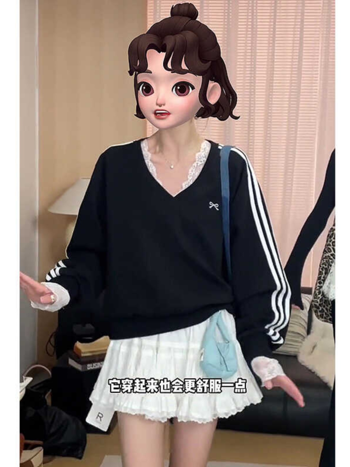 Loose V-Neck Black Sweatshirt with Bow Embroidery - Casual Chic Autumn Style for Women Loose V-Neck Black Sweatshirt with Bow Embroidery - Casual Chic Autumn Style for Women