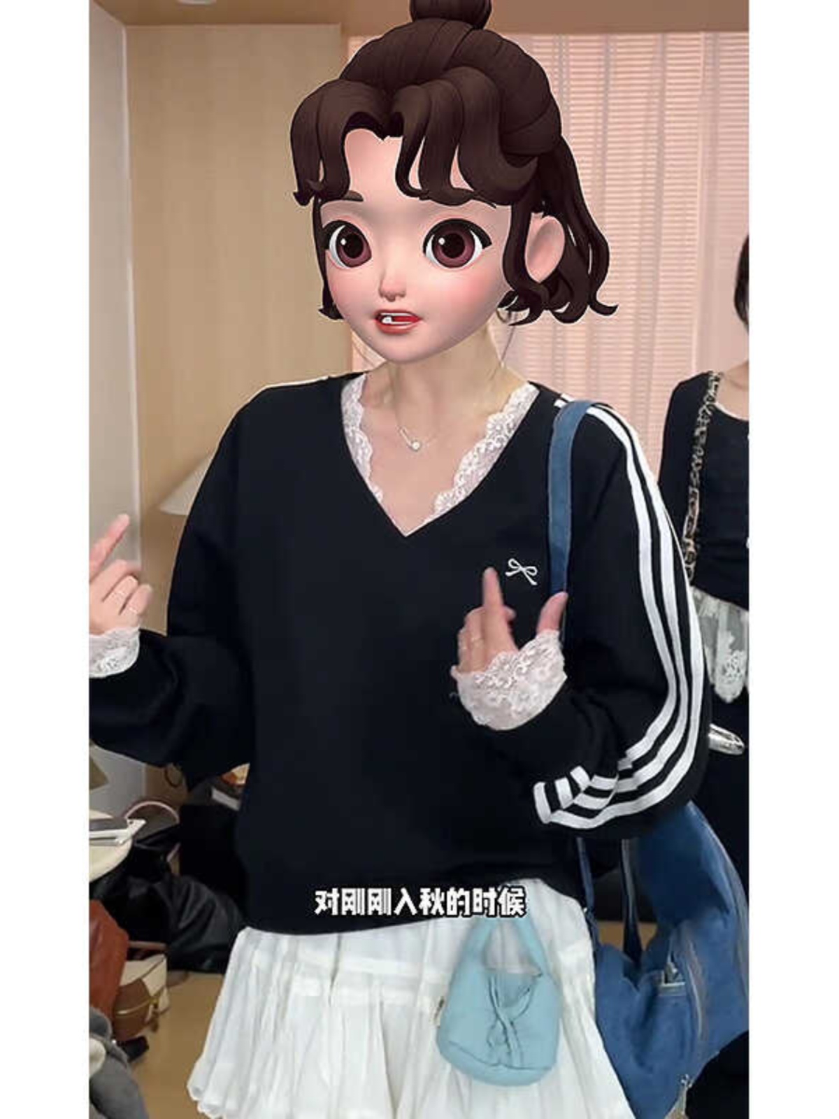 Loose V-Neck Black Sweatshirt with Bow Embroidery - Casual Chic Autumn Style for Women