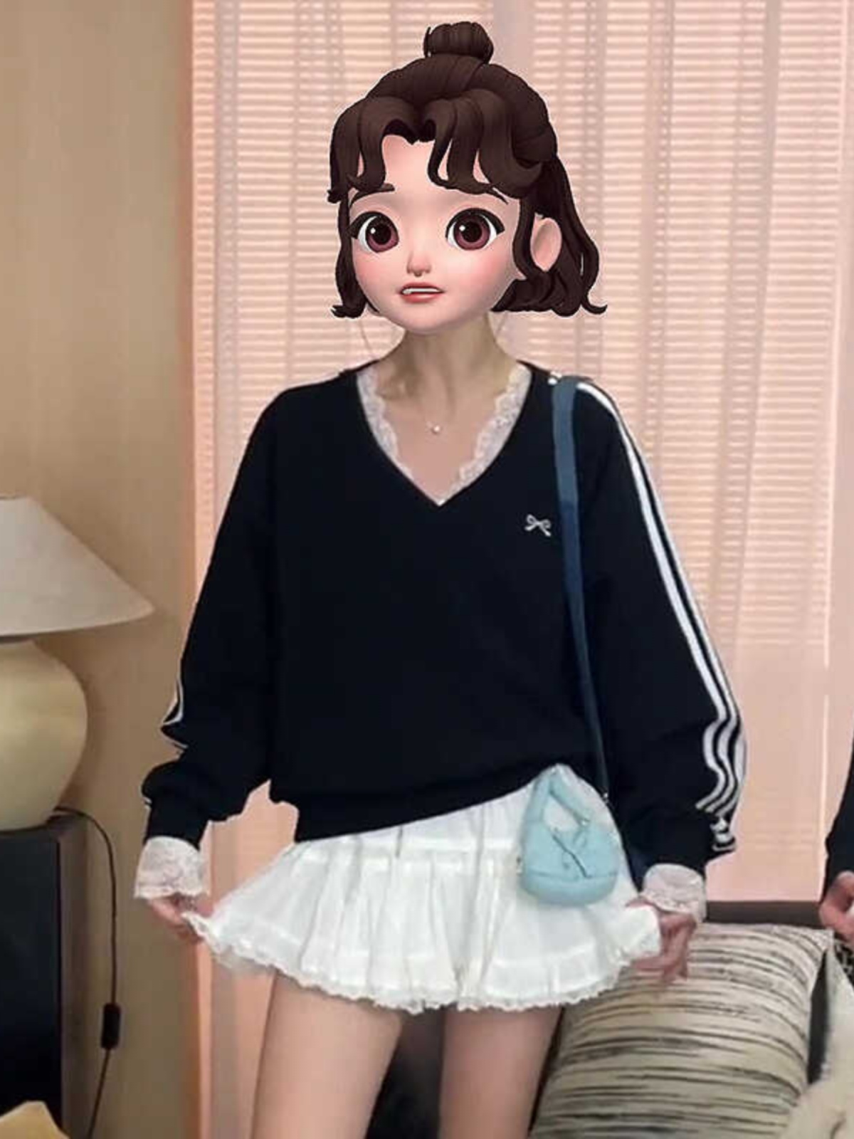 Loose V-Neck Black Sweatshirt with Bow Embroidery - Casual Chic Autumn Style for Women Loose V-Neck Black Sweatshirt with Bow Embroidery - Casual Chic Autumn Style for Women