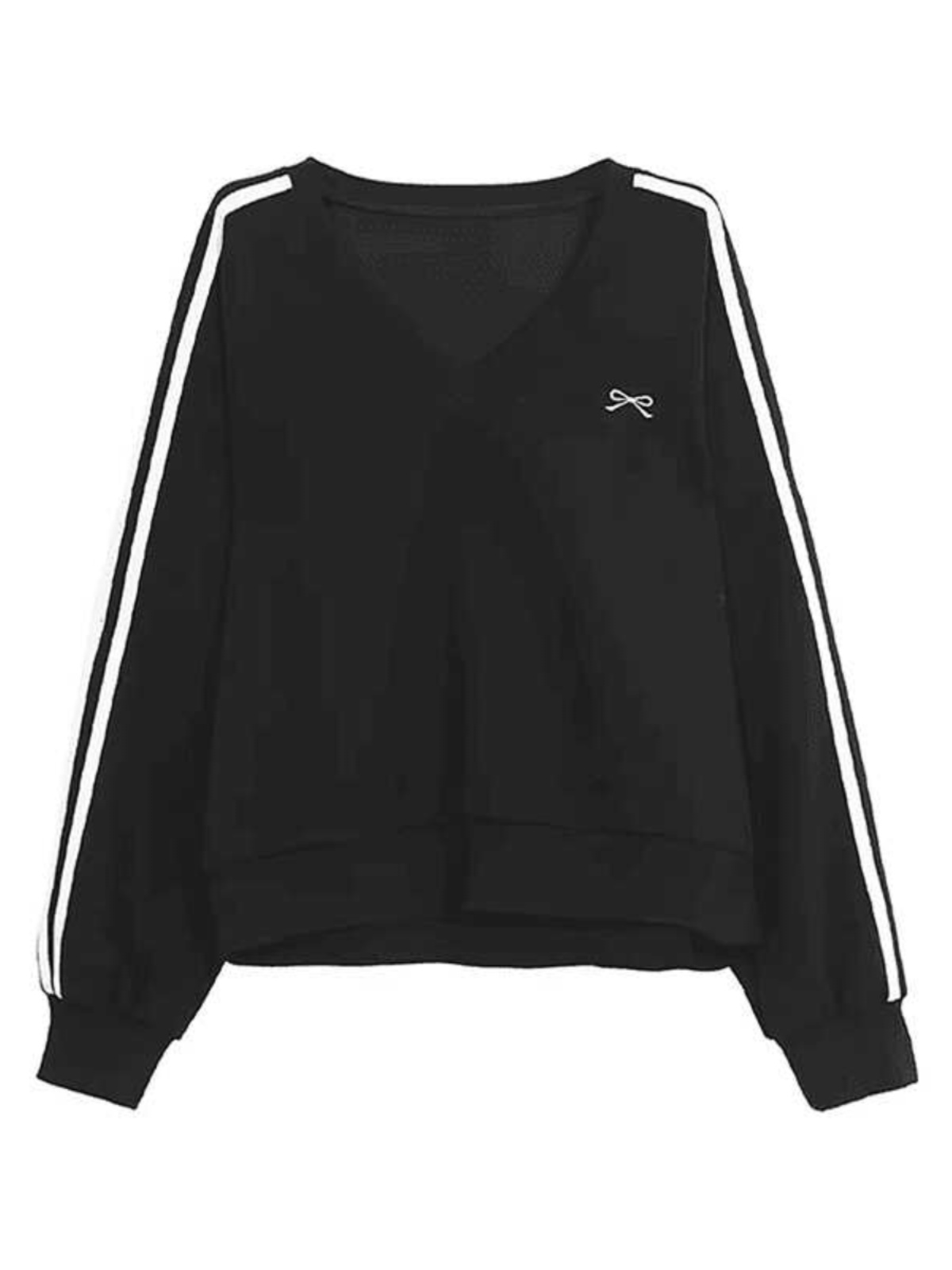 Loose V-Neck Black Sweatshirt with Bow Embroidery - Casual Chic Autumn Style for Women Loose V-Neck Black Sweatshirt with Bow Embroidery - Casual Chic Autumn Style for Women