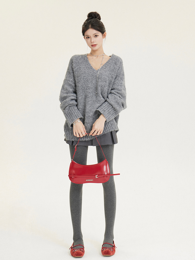 Loose V-Neck Pullover Sweater for Women, Flattering Knit Top, Mid-Length Autumn Winter Fashion Loose V-Neck Pullover Sweater for Women, Flattering Knit Top, Mid-Length Autumn Winter Fashion