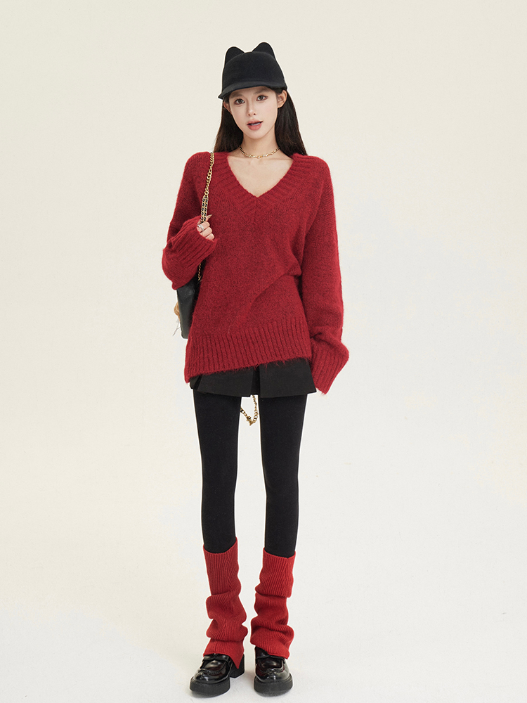 Loose V-Neck Pullover Sweater for Women, Flattering Knit Top, Mid-Length Autumn Winter Fashion Loose V-Neck Pullover Sweater for Women, Flattering Knit Top, Mid-Length Autumn Winter Fashion