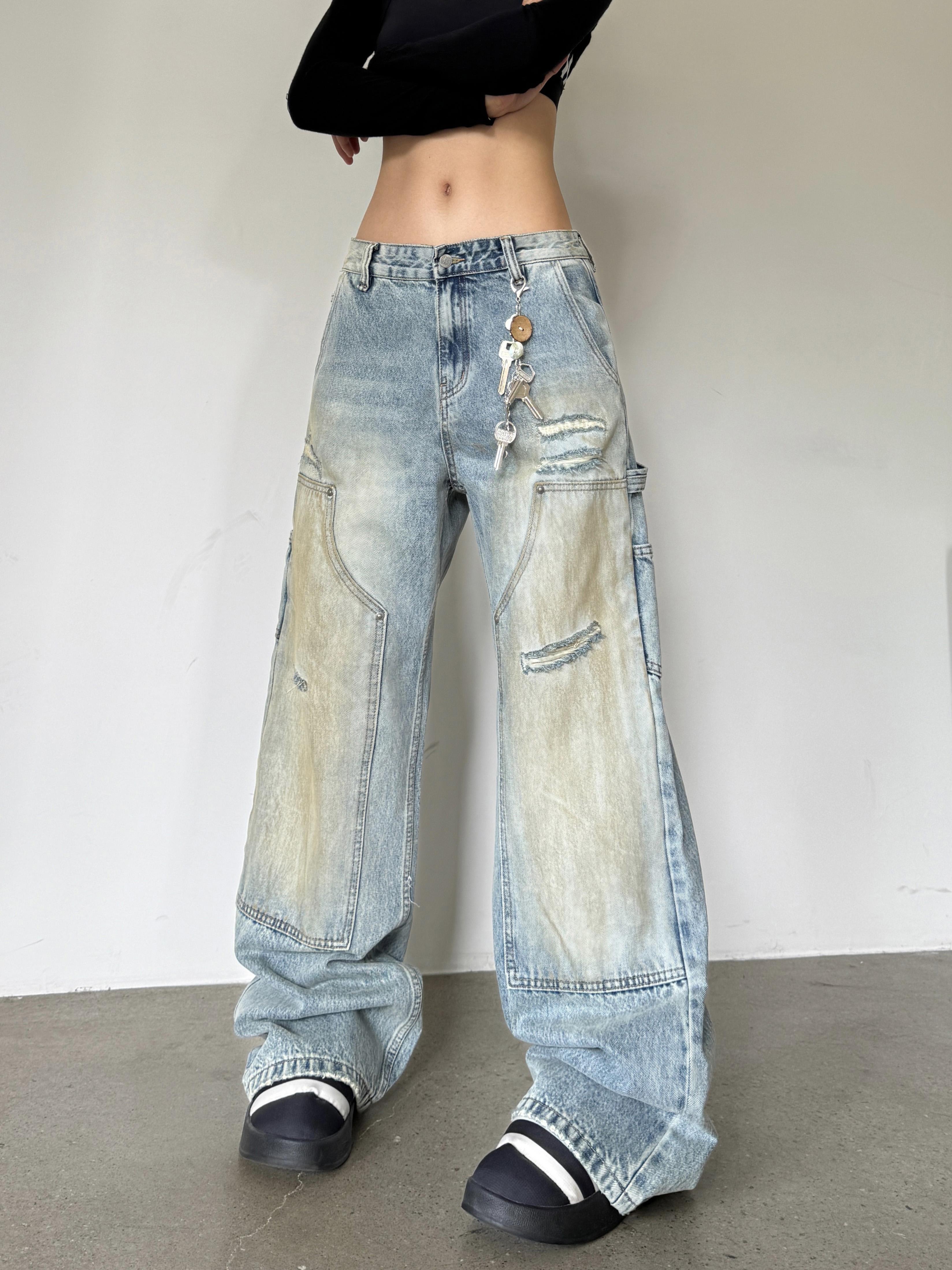 Loose Wide Leg Deconstructed Patchwork Denim Pants in Yellow Mud - Vintage Style 90s Inspired Spicy Girl Design