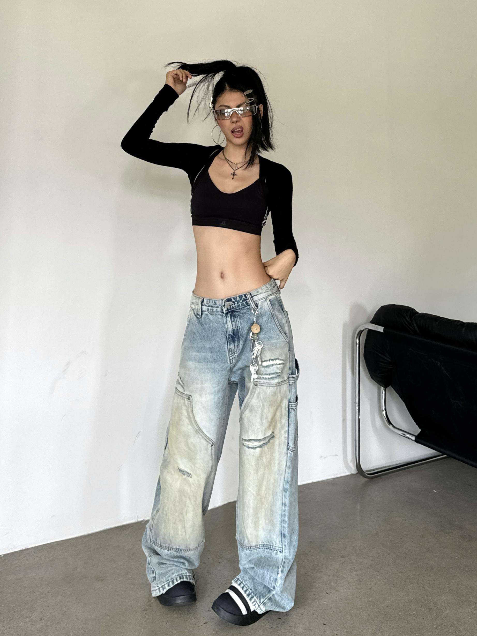 Loose Wide Leg Deconstructed Patchwork Denim Pants in Yellow Mud - Vintage Style 90s Inspired Spicy Girl Design Loose Wide Leg Deconstructed Patchwork Denim Pants in Yellow Mud - Vintage Style 90s Inspired Spicy Girl Design