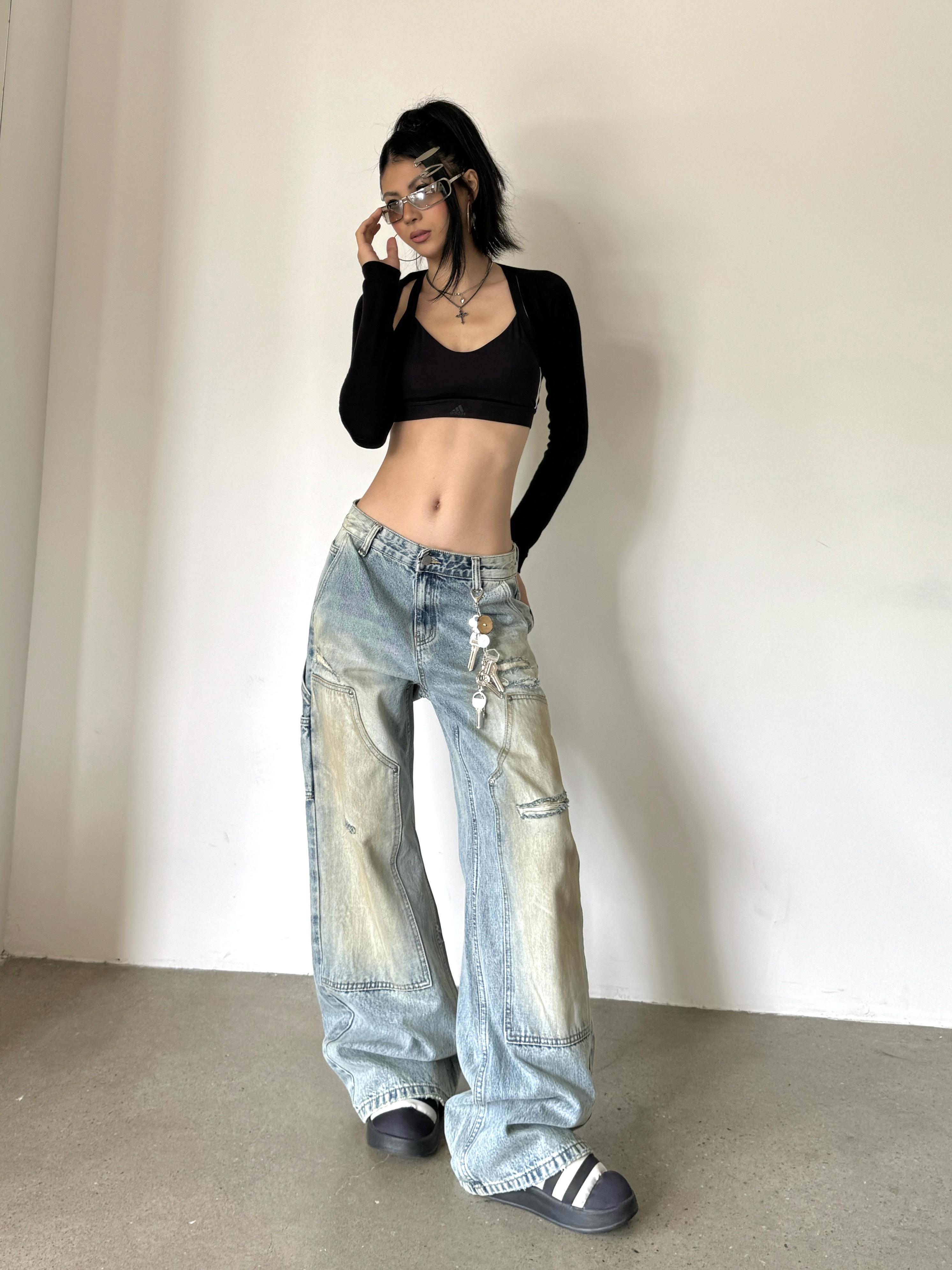 Loose Wide Leg Deconstructed Patchwork Denim Pants in Yellow Mud - Vintage Style 90s Inspired Spicy Girl Design Loose Wide Leg Deconstructed Patchwork Denim Pants in Yellow Mud - Vintage Style 90s Inspired Spicy Girl Design